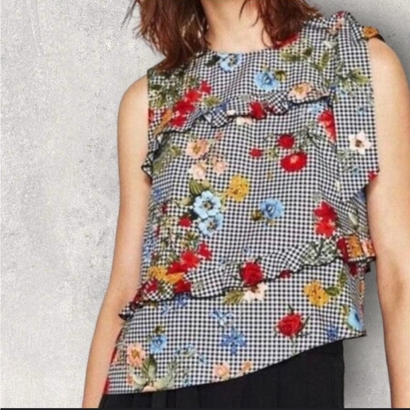 Zara Tops - Zara Womens Black White Gingham Floral Asymmetrical Bow Cotton Summer Top size M